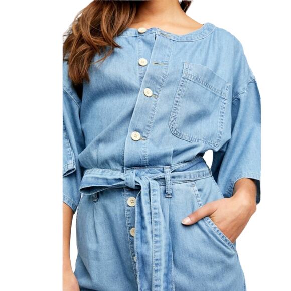 FREE PEOPLE Jumpsuit Marley Denim Short Sleeve Belt High Rise Button Blue Small - Picture 5 of 10